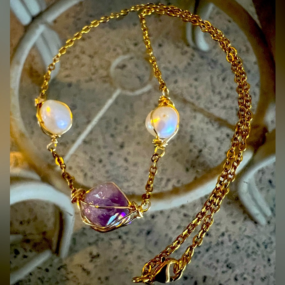 🌊Custom Aura Amethyst & Pearl Choker (15") - Picture 1 of 14